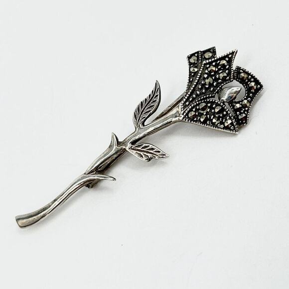 Sterling Silver and Marcasite Rose Pin Brooch Jewelry - Picture 1 of 2